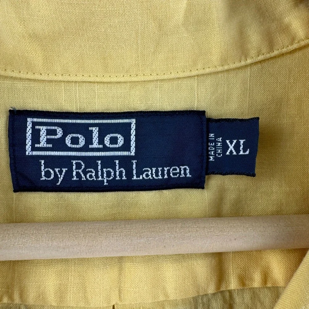 Vintage Polo Ralph Lauren Shirt Mens XL Yellow Linen Blend Loop Collar Camp